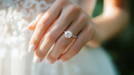 Close up hand of woman with wedding ring on finger, Elegant engagement diamond ring on woman finger Love and wedding concept