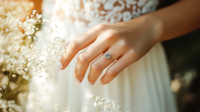 Close up hand of woman with wedding ring on finger, Elegant engagement diamond ring on woman finger Love and wedding concept