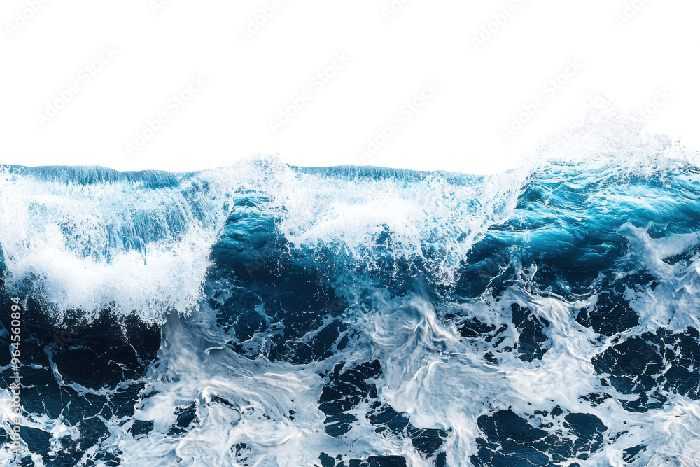 Poster vibrant ocean waves crashing, capturing the dynamic power of the sea with foamy splashes and deep bl