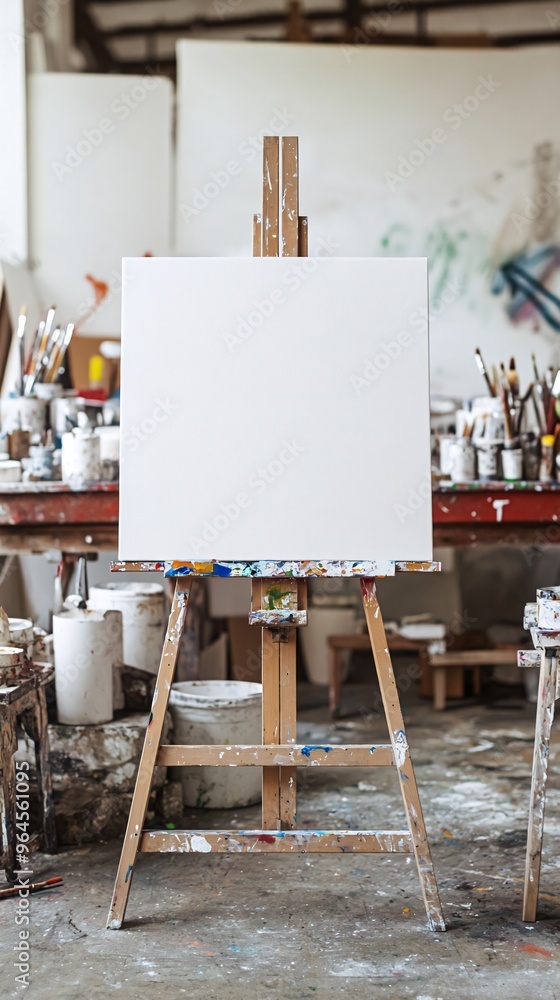 Poster empty canvas on an artist's easel in a studio.
