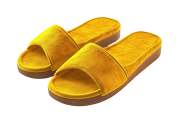 Vibrant yellow slippers with an open-toe design and comfortable sole, perfect for casual wear and relaxation around the house.