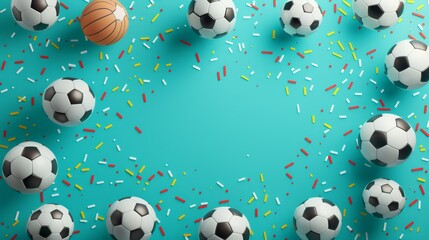 Fototapeta premium Frame Border with Various Sports Balls on Colorful Pastel Background with Confetti for Fun and Playful Design