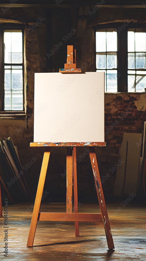 Poster blank canvas on easel in rustic studio.