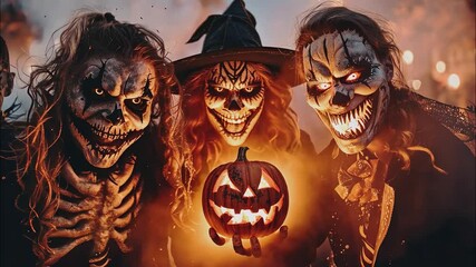 A nightmarish group of ghouls with glowing eyes and menacing grins, illuminated by the eerie light of a jack-o'-lantern.