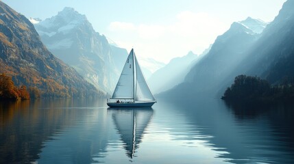 Sailboat on a Still Lake with Majestic Mountains in the Background