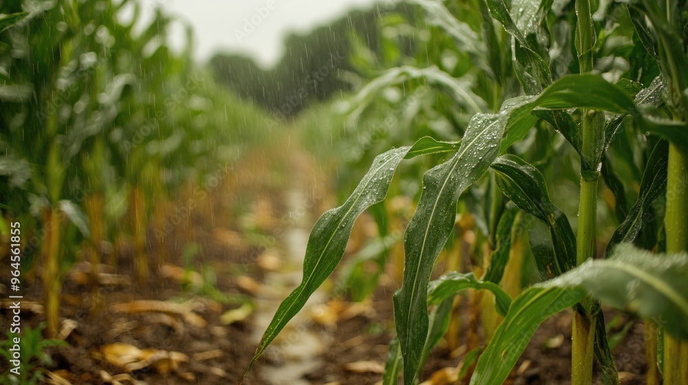 Poster Close-up of resilient crops, enhanced through genetic modification, standing strong against climate change impacts.