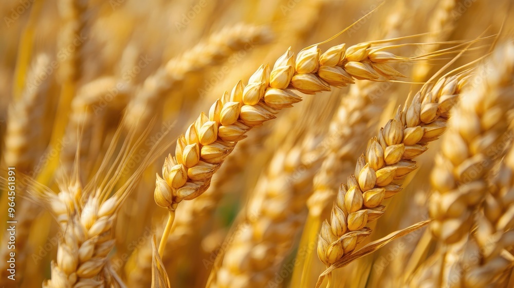 Poster Close-up of resilient crops, enhanced through genetic modification, standing strong against climate change impacts.