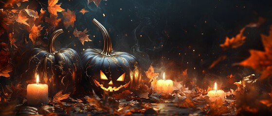 Moody Halloween setting featuring glowing black jack-o'-lanterns, surrounded by candles and autumn leaves, creating an eerie, festive atmosphere.