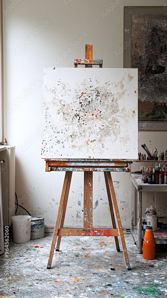 Poster an easel with a blank canvas covered in paint splatters, standing in a messy art studio with a paint