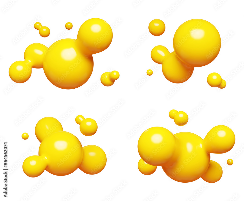 Poster yellow abstract liquid metaball shape. 3d render illustration set of fluid soft bubble blob. organic