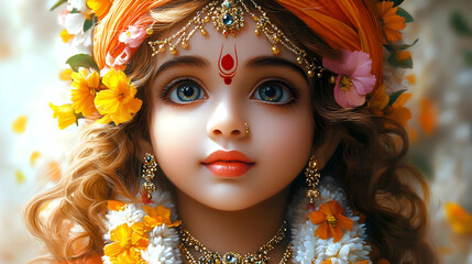 A serene portrait of a young deity adorned with flowers and traditional jewelry.