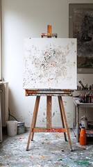 An easel with a blank canvas covered in paint splatters, standing in a messy art studio with a paint-splattered floor.