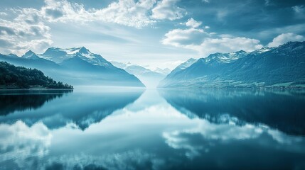 Mountain Range Reflected in Calm Lake Water