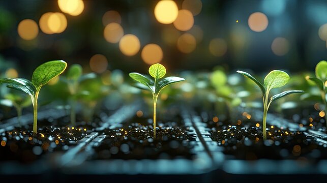 Digital artwork of bioengineered plant seedlings, with a focus on genetic modification and biotechnology advancements in agriculture.