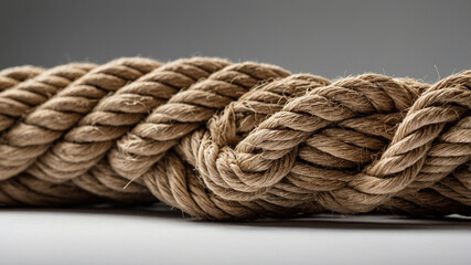 Close-up of coiled rope featuring its natural fibers and intricate texture on a neutral background.
