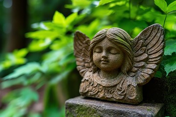 Stone angel, weather-beaten and worn, standing resilient symbolizes endurance, facing the elements with grace and strength