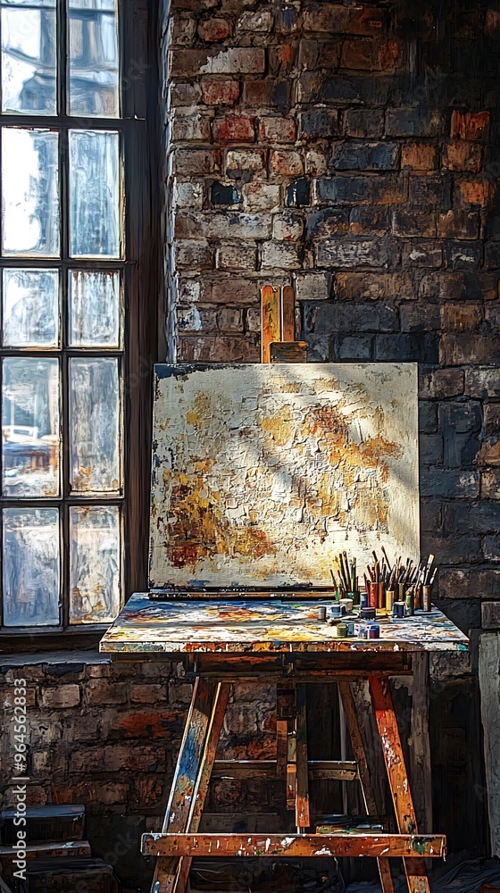 Poster an easel with a blank canvas and paintbrushes sits in front of a brick wall, ready to be used by an 