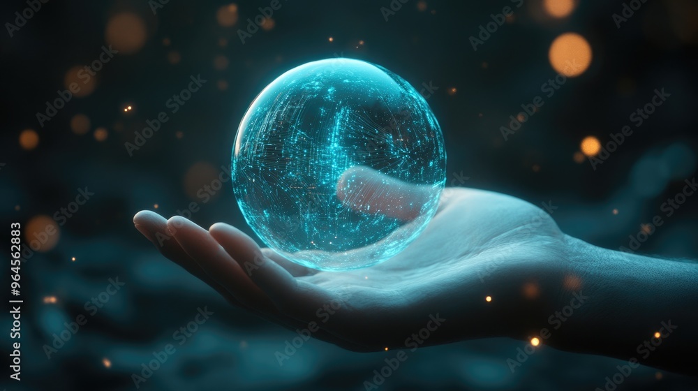 Poster futuristic digital sphere floating above a hand, with transparent interface and glowing blue light, 