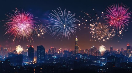 Fireworks lighting up the night sky over a cityscape, symbolizing joyful and patriotic Independence Day celebrations.