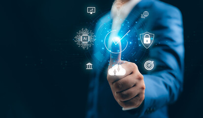 Businessman with guarantee check for client service. Client service and guarantee checkmark in business automation, quality management, online shopping, business automation, and financial ecosystem.