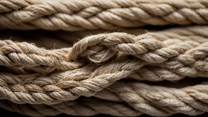 Fototapeta premium Close-up of coiled rope featuring its natural fibers and intricate texture on a neutral background.
