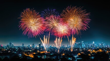 Obraz premium Fireworks illuminating the night sky above a city skyline, representing the festive spirit of Independence Day celebrations.