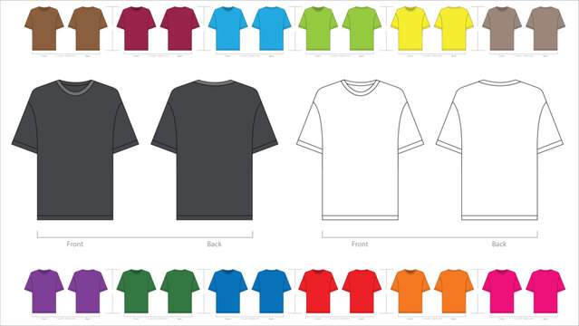 T-shirt vector template set mock up isolated on white background. flat technical drawing template. Unisex T-Shirt illustration, colorful front and back view, white. T-shirt Mock-up Front and back.