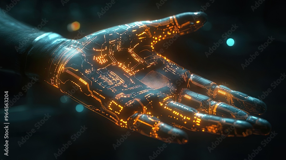 Poster glowing robotic hand with intricate circuit patterns, set against a dark background, representing th