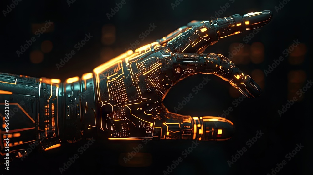 Poster glowing robotic hand with intricate circuit patterns, set against a dark background, representing th