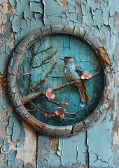 Vintage Collage Art of Bird on Branch with Blossoms in Rustic Frame on Weathered Blue Wooden Background