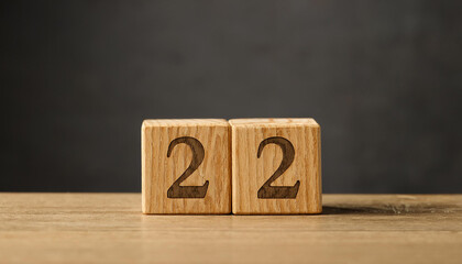 Wooden cubes with number 22 on wooden table, dark wall on backdrop.