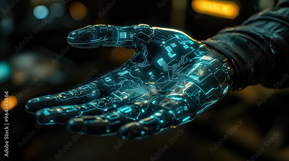 Poster luminescent robotic hand with detailed circuit designs, emitting a soft glow in a dark setting, symb