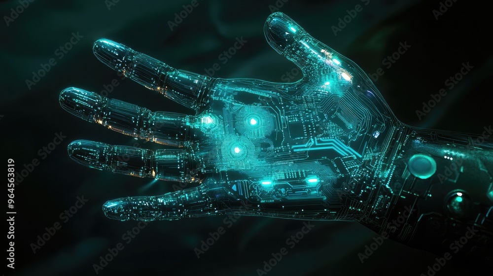 Poster luminescent robotic hand with detailed circuit designs, emitting a soft glow in a dark setting, symb