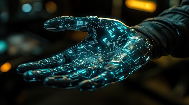 Luminescent robotic hand with detailed circuit designs, emitting a soft glow in a dark setting, symbolizing advanced cybernetic technology.