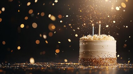 Luxurious birthday cake with gold and silver glitter, rich dark background with metallic confetti falling