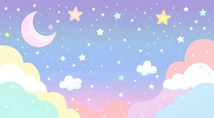 Fototapeta premium Cute pastel purple background with clouds, stars and moon vector presentation design for children's show