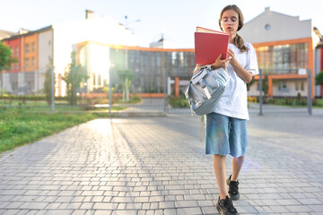 Schoolgirl with a notebook in her hands. Sunset on the background of the school. Goes to school.