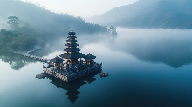 Aerial view of the floating temple at Ulun Danu Bratan, surrounded by misty mountains and calm waters.