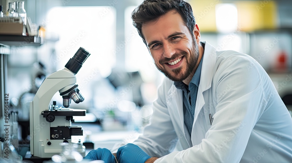 Poster portrait of a male scientist working in a medical lab, smiling at the camera while using a microscop