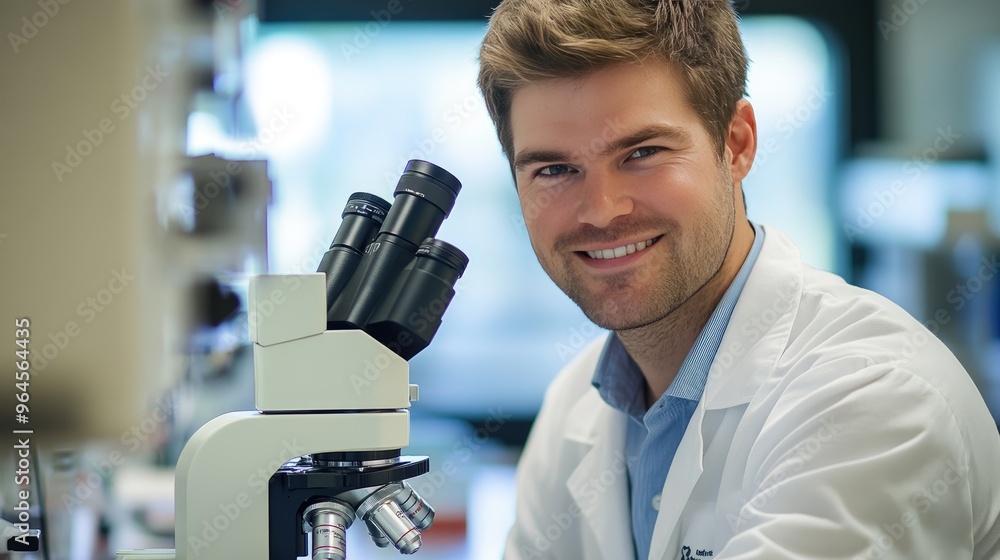 Poster portrait of a male scientist working in a medical lab, smiling at the camera while using a microscop