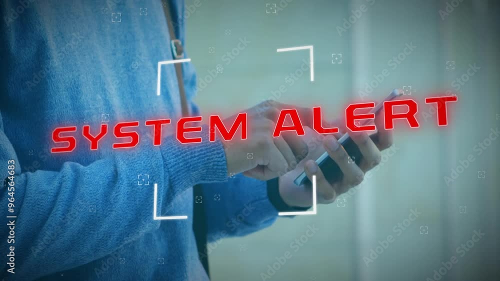Poster animation of system alert text over biracial man using smartphone