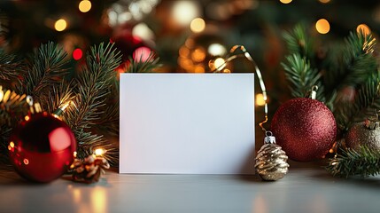White card on a Christmas-themed background, ready for custom holiday messages with festive ornaments and decorations.