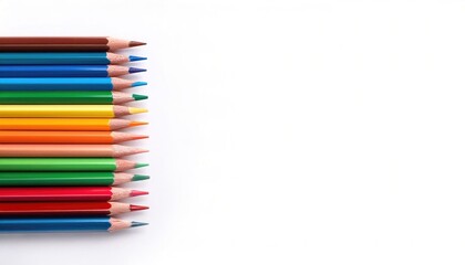Fototapeta premium Arrangement or assortment of Color colored pencils set in bulk, freshly sharpened. isolated on white background with copy space