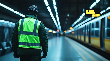 Fototapeta premium A safety officer walks along the subway platform, illuminated by bright lights, ensuring the area is secure and safe for commuters.