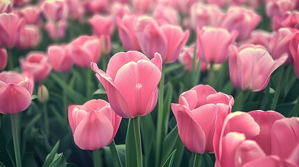 Fototapeta premium A large field of pink tulips, slight mist or fog around them. This scene creates a dreamy atmosphere.