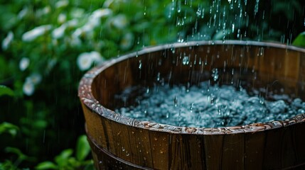 Fototapeta premium Rainwater in a wooden bucket filled with water in the garden. Rainy season