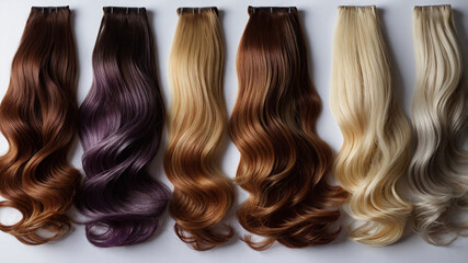 Fototapeta premium A vibrant display of multicolored hair strands featuring a spectrum of shades from purple to brown hues.
