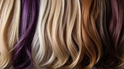 Naklejka premium A vibrant display of multicolored hair strands featuring a spectrum of shades from purple to brown hues.