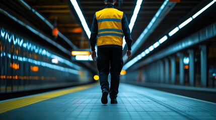 Fototapeta premium A worker in a safety vest walks through a well-lit subway station, showcasing urban infrastructure and transportation.