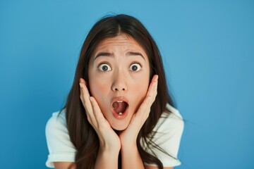 Surprised Asian woman reclines on her hands and shouting while looking at the camera over blue background